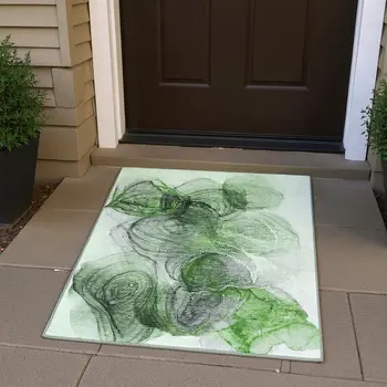 3' X 5' Olive Green And Ivory Abstract Washable Area Rug With UV Protection