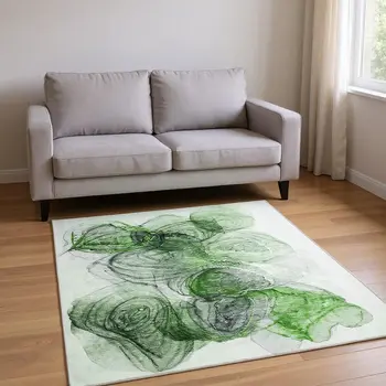 5' X 8' Olive Green And Ivory Abstract Washable Area Rug With UV Protection