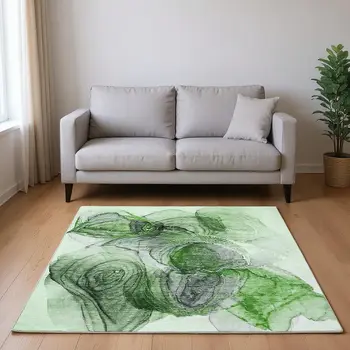 8' X 10' Olive Green And Ivory Abstract Washable Area Rug With UV Protection