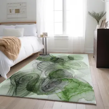 8' X 10' Olive Green And Ivory Abstract Washable Area Rug With UV Protection