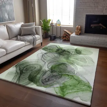 8' X 10' Olive Green And Ivory Abstract Washable Area Rug With UV Protection