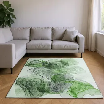 10' X 14' Olive Green And Ivory Abstract Washable Area Rug With UV Protection