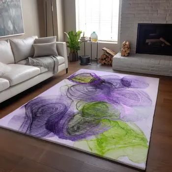 3' X 5' Purple Green And Ivory Abstract Washable Area Rug With UV Protection
