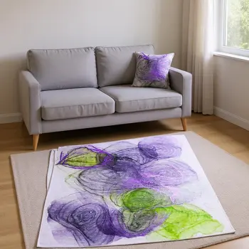 5' X 8' Purple Green And Ivory Abstract Washable Area Rug With UV Protection