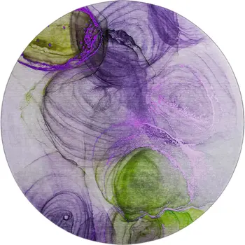 8' Purple Green And Ivory Abstract Washable Round Rug With UV Protection