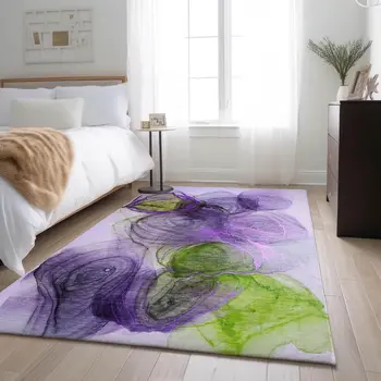 9' X 12' Purple Green And Ivory Abstract Washable Area Rug With UV Protection