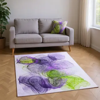 10' X 14' Purple Green And Ivory Abstract Washable Area Rug With UV Protection
