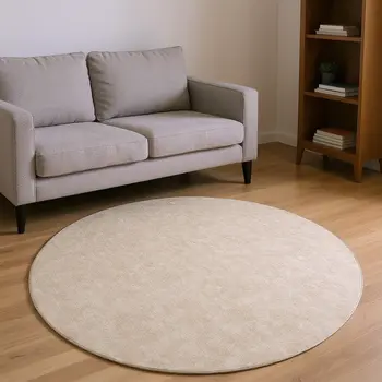 8' Beige And Ivory Geometric Washable Round Rug With UV Protection