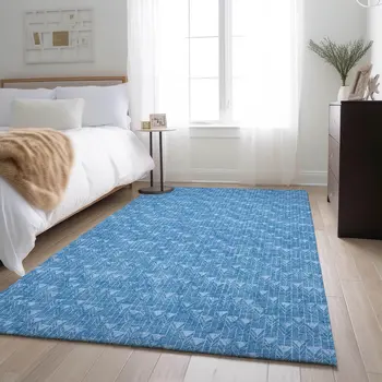 3' X 5' Blue And Ivory Geometric Washable Area Rug With UV Protection