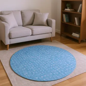 8' Blue And Ivory Geometric Washable Round Rug With UV Protection