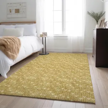 8' X 10' Gold And Ivory Geometric Washable Area Rug With UV Protection