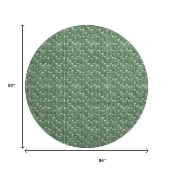 8' Green And Ivory Geometric Washable Round Rug With UV Protection