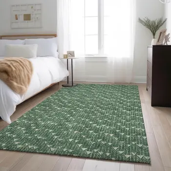 9' X 12' Green And Ivory Geometric Washable Area Rug With UV Protection