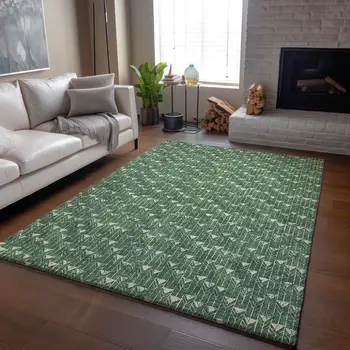9' X 12' Green And Ivory Geometric Washable Area Rug With UV Protection