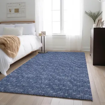 5' X 8' Navy Blue And Ivory Geometric Washable Area Rug With UV Protection