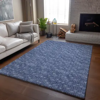 10' X 14' Navy Blue And Ivory Geometric Washable Area Rug With UV Protection