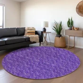 8' Purple And Ivory Geometric Washable Round Rug With UV Protection