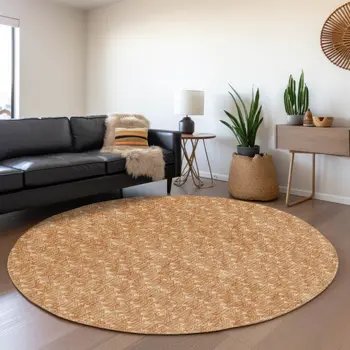 8' Salmon And Ivory Geometric Washable Round Rug With UV Protection