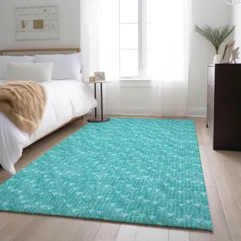 8' X 10' Teal And Ivory Geometric Washable Area Rug With UV Protection