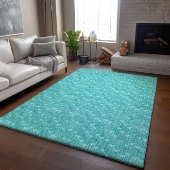 8' X 10' Teal And Ivory Geometric Washable Area Rug With UV Protection