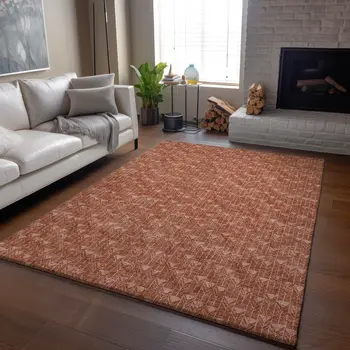 10' X 14' Terra Cotta And Ivory Geometric Washable Area Rug With UV Protection