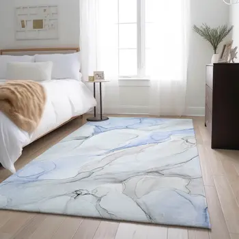 9' X 12' Blue And Ivory Abstract Washable Area Rug With UV Protection