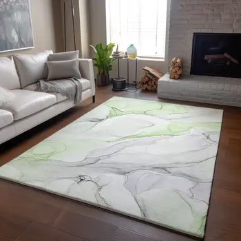 9' X 12' Green And Ivory Abstract Washable Area Rug With UV Protection