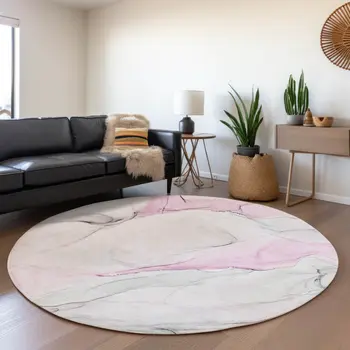 8' Pink And Ivory Abstract Washable Round Rug With UV Protection