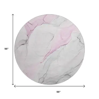 8' Pink And Ivory Abstract Washable Round Rug With UV Protection