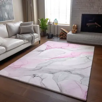 9' X 12' Pink And Ivory Abstract Washable Area Rug With UV Protection