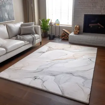 8' X 10' Ivory And Beige Abstract Washable Area Rug With UV Protection