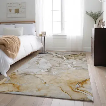 5' X 8' Brown And Ivory Abstract Washable Area Rug With UV Protection