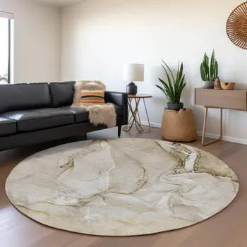 8' Brown And Ivory Abstract Washable Round Rug With UV Protection