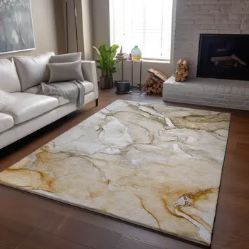 9' X 12' Brown And Ivory Abstract Washable Area Rug With UV Protection