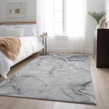 5' X 8' Gray And Ivory Abstract Washable Area Rug With UV Protection
