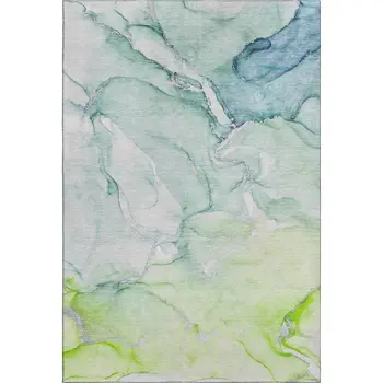 3' X 5' Green Blue And Ivory Abstract Washable Area Rug With UV Protection