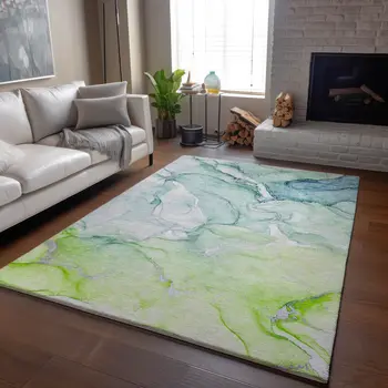 3' X 5' Green Blue And Ivory Abstract Washable Area Rug With UV Protection