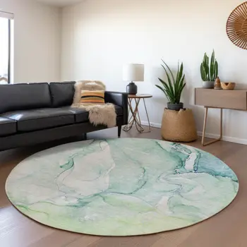 8' Green Blue And Ivory Abstract Washable Round Rug With UV Protection