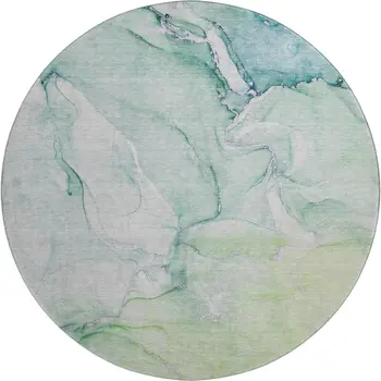 8' Green Blue And Ivory Abstract Washable Round Rug With UV Protection