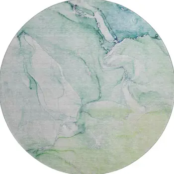 8' Green Blue And Ivory Abstract Washable Round Rug With UV Protection
