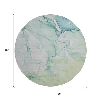 8' Green Blue And Ivory Abstract Washable Round Rug With UV Protection