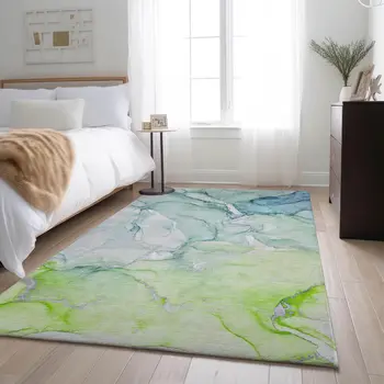 10' X 14' Green Blue And Ivory Abstract Washable Area Rug With UV Protection