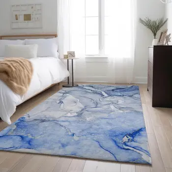 3' X 5' Navy Blue And Ivory Abstract Washable Area Rug With UV Protection