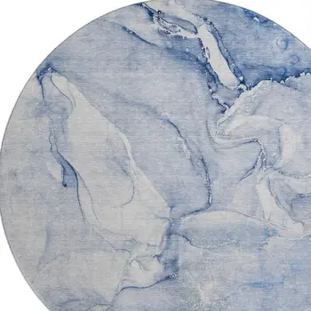 8' Navy Blue And Ivory Abstract Washable Round Rug With UV Protection