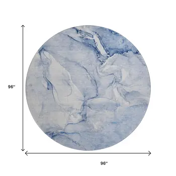 8' Navy Blue And Ivory Abstract Washable Round Rug With UV Protection