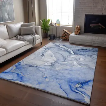 10' X 14' Navy Blue And Ivory Abstract Washable Area Rug With UV Protection