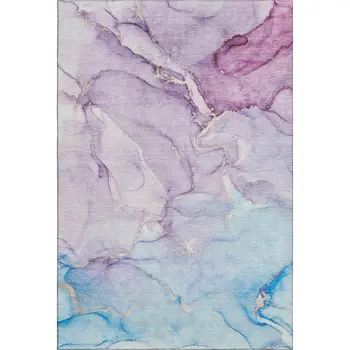 5' X 8' Purple Blue And Ivory Abstract Washable Area Rug With UV Protection