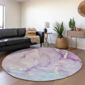 8' Purple Blue And Ivory Abstract Washable Round Rug With UV Protection