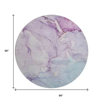 8' Purple Blue And Ivory Abstract Washable Round Rug With UV Protection