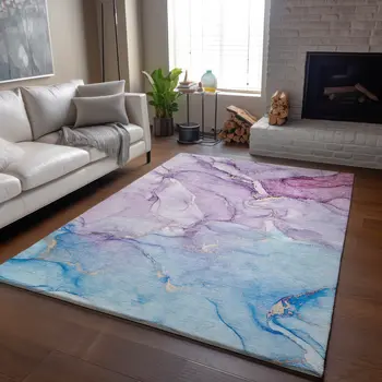 9' X 12' Purple Blue And Ivory Abstract Washable Area Rug With UV Protection